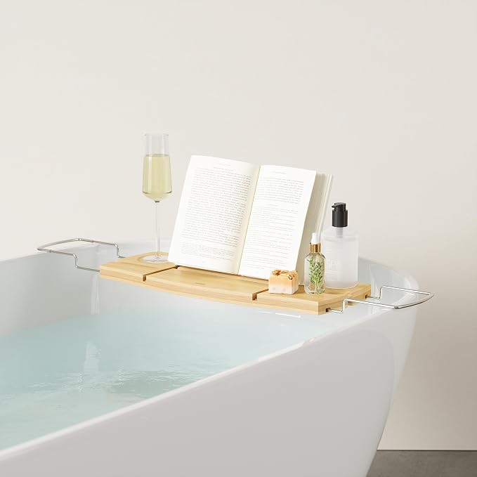 Umbra Aquala Bathtub Tray Extendable Caddy with Book Stand and Wine Glass Holder, Natural