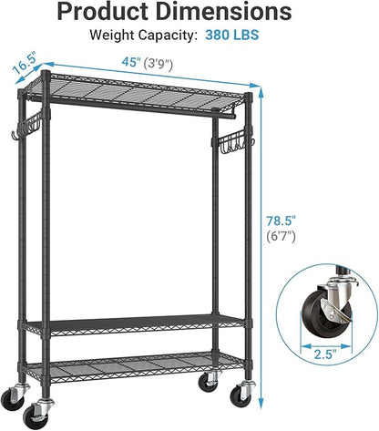 VIPEK R3C Plus Garment Rack - Rolling Clothes Rack with Locking Wheels, Heavy Duty Portable Closet with Adjustable Shelves & Side Hooks, Black