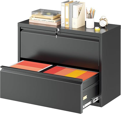 Superday Lateral File Cabinet 2 Drawer Metal File Cabinet with Lock, Black Filing Cabinets for Home Office, Locking Filing Cabinets Hanging Files Letter/Legal/F4/A4