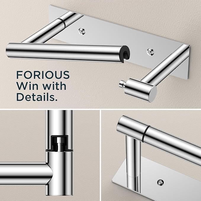 FORIOUS Toilet Paper Holder, Adhesive or Wall Mounted Options, Stainless Steel Rustproof Stick on no Drilling Double Post Pivoting Toilet Tissue Roll Holder Wall Mount for Bathroom, Polished Chrome