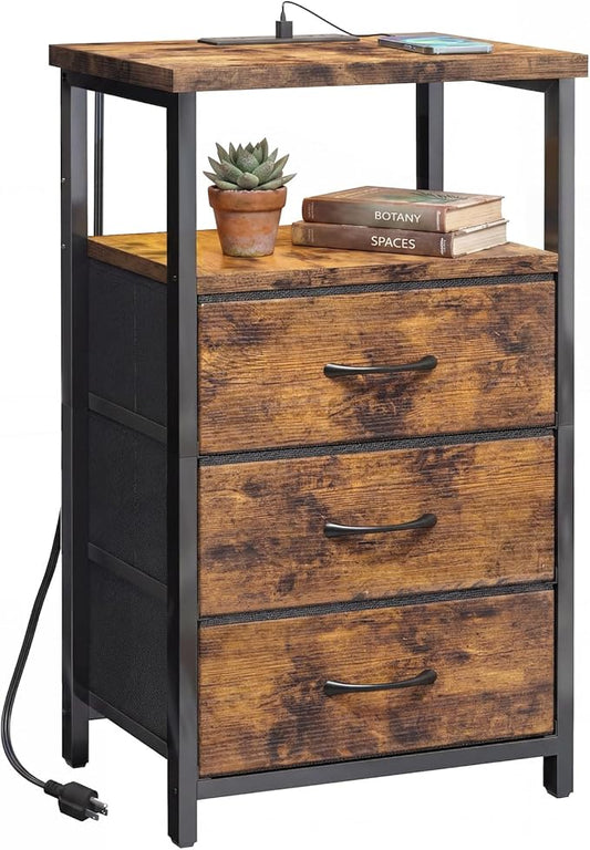 Fixwal Night Stand with 3 Fabric Drawers, Nightstand for Bedroom, Bedside Table with Charging Station End Table with Storage, Rustic Brown
