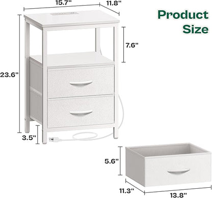 Huuger Night Stand with Charger Station and LED Lights, 2 Drawer Nightstand, Bed Side Table with Open Shelf, End Table, Fabric Dresser for Bedroom, PU Leather, White