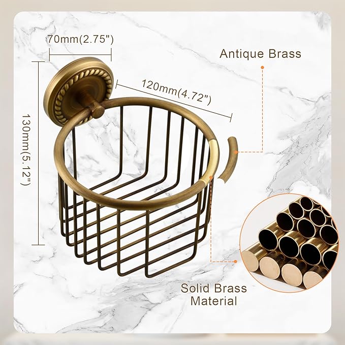 Vintage Toilet Paper Holder Wall Mounted Bathroom Roll Tissue Wire Basket, Antique Brass