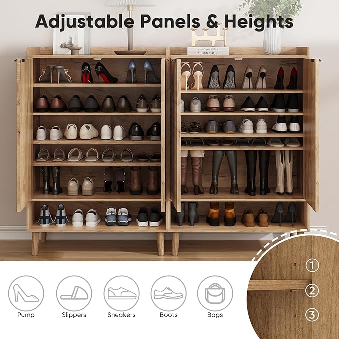 Smuxee Oak Shoe Cabinet with Fluted Doors, 6-Tier Shoe Storage Cabinet with Adjustable Shelves, Freestanding Shoe Organizer Cabinet for Entryway, Hallway, Closet, Living Room