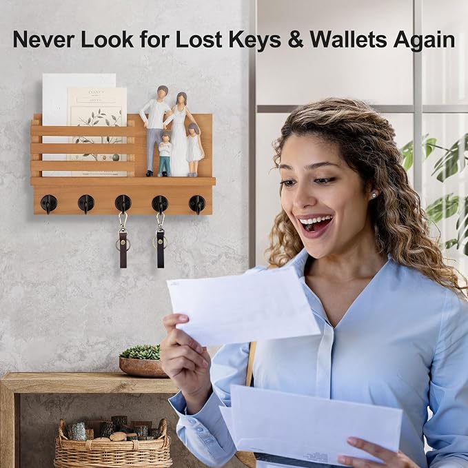Lwenki Key Holder for Wall – Decorative Wooden Mail Holder and Key Shelf with Mounting Hardware, Installation Guide – Paulownia Wood with Metal Key Hooks (Light Brown, Large - 11.8inch)