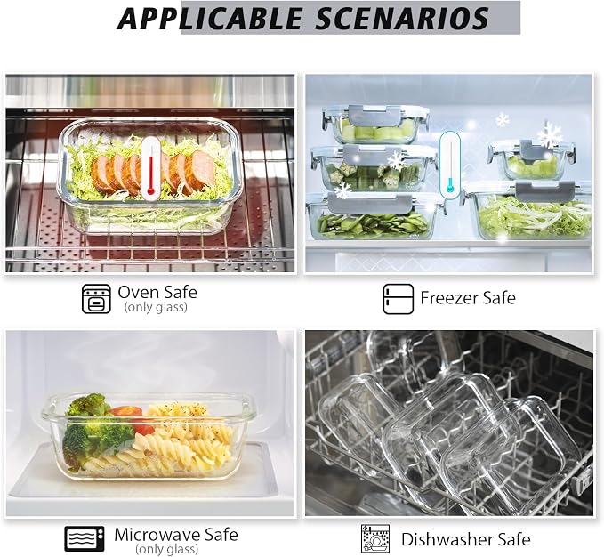 AILTEC 12 Pack Glass Food Storage Containers with Lids, Glass Meal Prep Containers Set with Leak Proof Lids, Airtight Lunch Container for Kitchen, Microwave, Oven, Freezer, Dishwasher Safe, Bpa free
