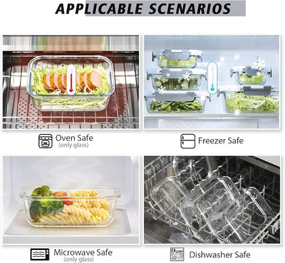AILTEC 12 Pack Glass Food Storage Containers with Lids, Glass Meal Prep Containers Set with Leak Proof Lids, Airtight Lunch Container for Kitchen, Microwave, Oven, Freezer, Dishwasher Safe, Bpa free