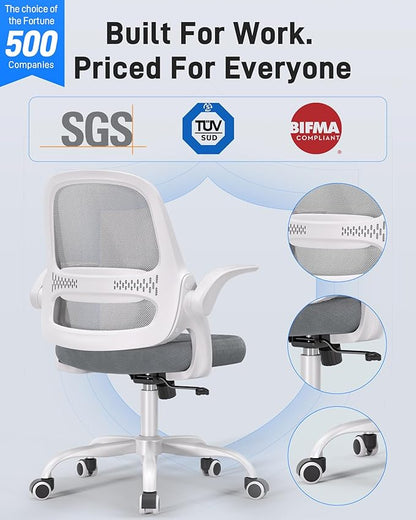 Ergonomic Mesh Office Chair for Home Office, Flip-Up Arms, Breathable Mesh Back & Thick Seat Cushion, Swivel Rolling Computer Desk Chair – BIFMA Certified, Supports 300 lbs (White Frame/Gray Seat)