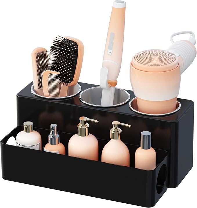 Lifewit Hair Tool Organizer Countertop, Removable Blow Dryer Holder for Bathroom, Acrylic Hot Tools Organizer Storage for Curling Iron, Brush, Straightener, 3 Stainless Cups, Black, 30 cm/12 inch(L)
