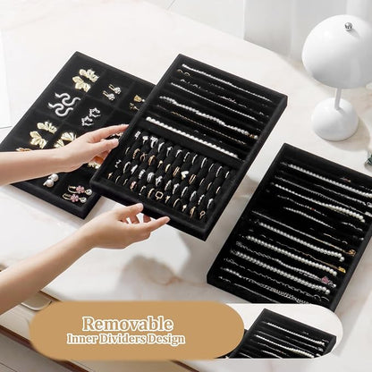 Large Velvet Jewelry Tray 2 Pack Stackable Jewelry Display Drawer Inserts Trays Organizer for Earring Bracelet Necklace Ring (Black, Ring and 9 Grids)