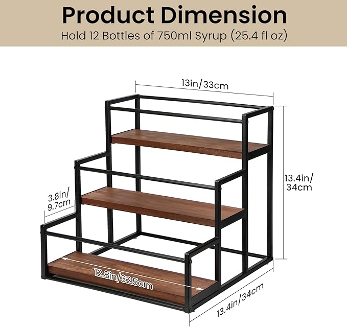 THYGIFTREE Coffee Syrup Rack Organizer 3-Tier 12 Syrup Bottles Holder Stand for Coffee Bar Station Storage Shelves for Syrup, Wine, Dressing for Kitchen Countertop