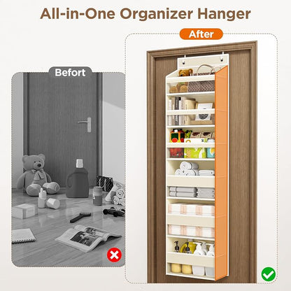 Mefirt 6 Tiers Over The Door Organizer, Heavy Duty Hanging Organizer Storage with Large Capacity Pockets, Behind Door Storage Hanging Shelves for Closet Wall Bathroom Bedroom Nursery Pantry, 1 Beige