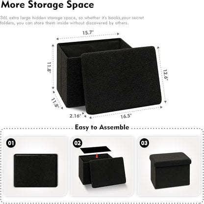 B FSOBEIIALEO Storage Ottoman Cube Small Sherpa Ottoman Foot Rest, Foldable Portable Boucle Ottomans, Faux Teddy Fur, Black 16.5"x12.6"x12.6"