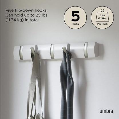 Umbra Flip Wall-Mounted Coat Rack with 5 Hooks – Modern, Space-Saving Storage for Hats, Jackets, Bags, Entryway, Mudroom, Closet, Bathroom, Bedroom – White/Nickel