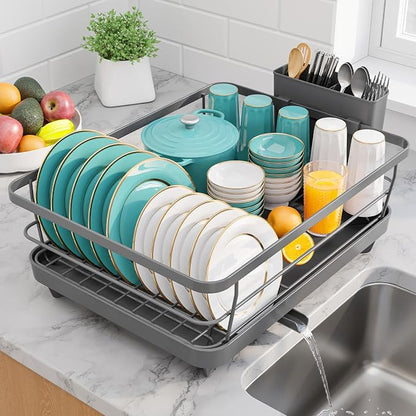 Sakugi Dish Drying Rack - Stainless Steel Dish Rack with Drainboard for Kitchen Counter and Sink, 15.6" D x 12" W x 5" H, Grey