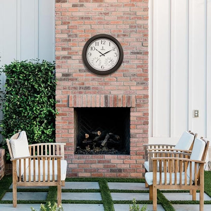18 inch Outdoor Clocks for Patio Large Waterproof with Thermometer - Black Indoor Outdoor Clock with Temperature and Humidity for Wall - Weatherproof, Accurate & Easy to Read for Pool, Patio & Garden