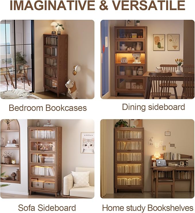 Solid Wood Bookcase 5 Tier Bookshelves with Tempered Glass Flip-Up Doors 72Hx13.7Dx32W" Brown Finish Cube Storage Organizer, Bookshelf Versatile Pantry Cabinet with Storage for Kitchen Home Office