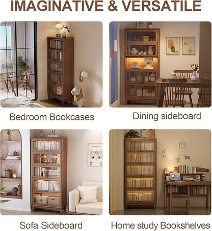 Solid Wood Bookcase 5 Tier Bookshelves with Tempered Glass Flip-Up Doors 72Hx13.7Dx32W" Brown Finish Cube Storage Organizer, Bookshelf Versatile Pantry Cabinet with Storage for Kitchen Home Office