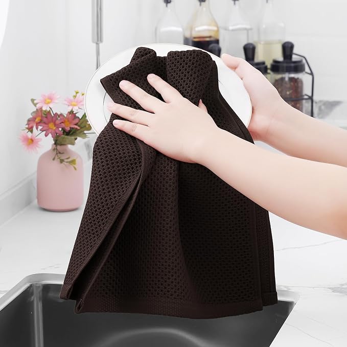 Homaxy 100% Cotton Waffle Weave Kitchen Dish Towels, Ultra Soft Absorbent Quick Drying Cleaning Towel, 13 x 28 Inches, 18-Pack, Dark Brown