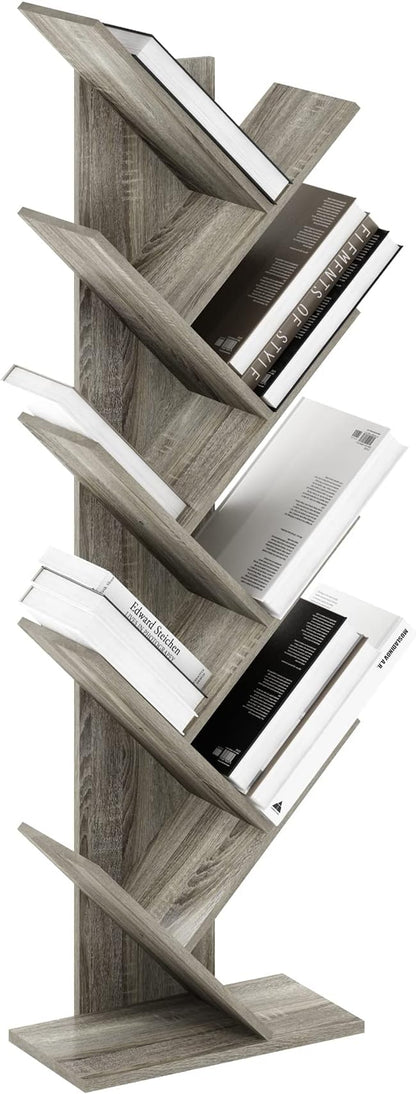 Furinno TREE Book Shelf, 9-Tier Bookshelf, Tree Bookcase with Angled Open Shelf, 8.4 x 15.7 x 50.9, Corner Shelf for Room Decor, for Living Room, Bedroom, Home Office, French Oak