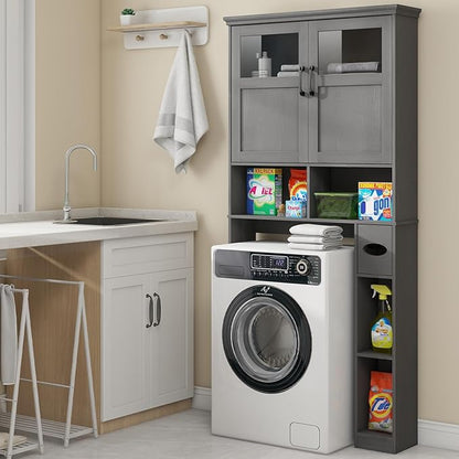 Over The Toilet Storage Cabinet With Double Doors & Paper Holder Stand, Freestanding Shelf Space Saver, Anti-Tip Design & Adjustable Shelf, Natural Grey