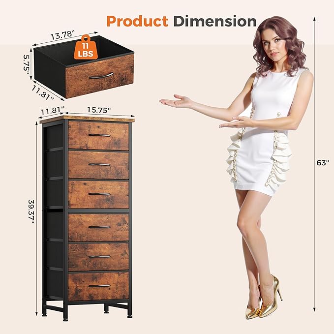 Sweetcrispy Tall Fabric Dresser for Bedroom, 6 Drawer Skinny Chest of Drawers, Narrow Storage Tower with Wood Top and Metal Frame, Vertical Nightstand for Closet, Bedroom Organization Furniture, Brown
