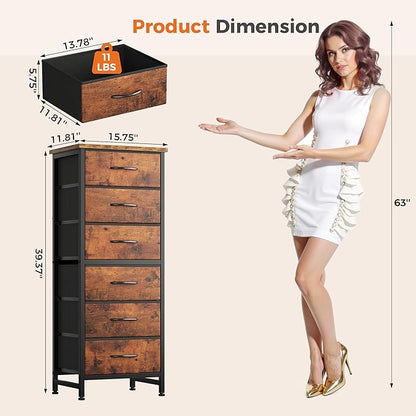 Sweetcrispy Tall Fabric Dresser for Bedroom, 6 Drawer Skinny Chest of Drawers, Narrow Storage Tower with Wood Top and Metal Frame, Vertical Nightstand for Closet, Bedroom Organization Furniture, Brown