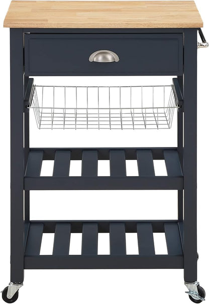 OSP Home Furnishings Hampton Kitchen Cart with Wood Top, Utensil Drawer, Under Cabinet Basket, and 2 Slatted Shelves, Blue Stone Base
