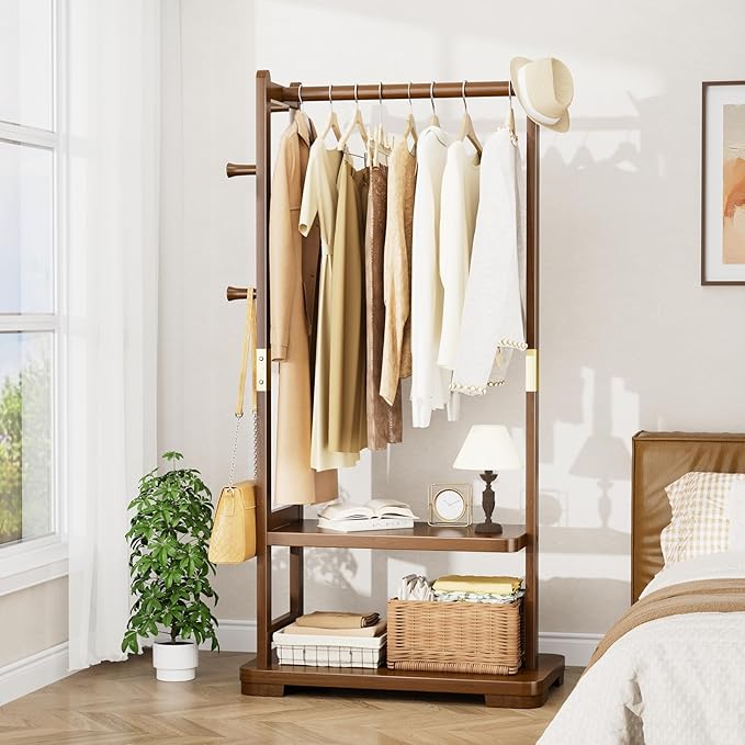 Solid Wood Clothes Rack with 2 Shelves & 4 Hooks for Hanging Clothes Garment Wallets Hats, Clothing Rack Heavy Duty Coat Rack Freestanding with Storage Hall Tree for Hallway Bedroom Living Room