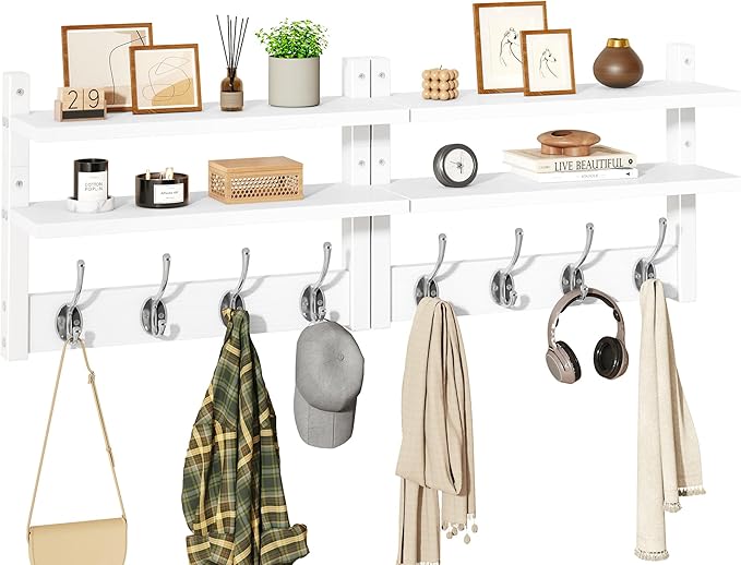 YMYNY Coat Rack Wall Mount with Shelf, Two-Tier Wall Shelf Mounted with 8 Hooks, Wooden Wall Coat Rack for Entryway, Bedroom for Hanging Clothes/Coats/Keys/Hats/Towels, White, HWS009W-2