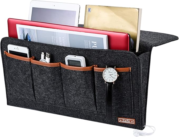 Zafit Bedside Caddy, 7 Pockets Large Size Bedside Organizer Caddy for Magazine Remotes Phone (17.3'' x 18.1'', Dark Grey)
