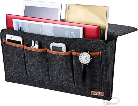 Zafit Bedside Caddy, 7 Pockets Large Size Bedside Organizer Caddy for Magazine Remotes Phone (17.3'' x 18.1'', Dark Grey)