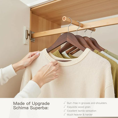 Wooden Hangers 10 Pack: Solid Shirt Hangers with Pants Bar, Heavy Duty & Slim Coat Hanger, for Suit Coat Jacket Pants (Walnut)