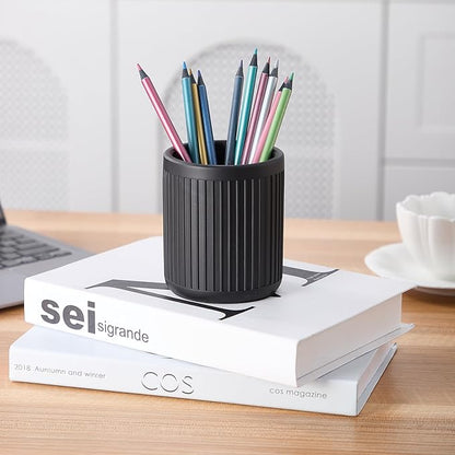 Aotea Crafts - Concrete Modern Industrial Pen Holder for Desk - Aesthetic Minimalist Charcoal Black Pencil Holder for Desk- Handcrafted Cement Fluted Pen Cup Organizer - Sealed & Durable
