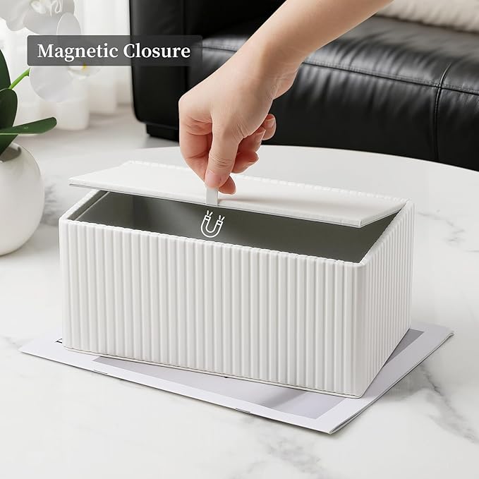 MEIBOOCH PU Leather Tissue Box Cover for 120(3-Ply)/ 160(2-Ply) Count Box of Tissues, Rectangle Tissue Box Holder for Bathroom Bedroom Living Room Office (Ivory Stripe)