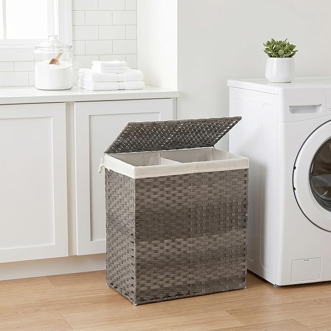 FDW Handwoven Laundry Hamper with Lid, 110L Foldable Rattan Clothes Basket with 2 Removable Liners & 6 Mesh Laundry Bags for Bathroom Bedroom, Grey