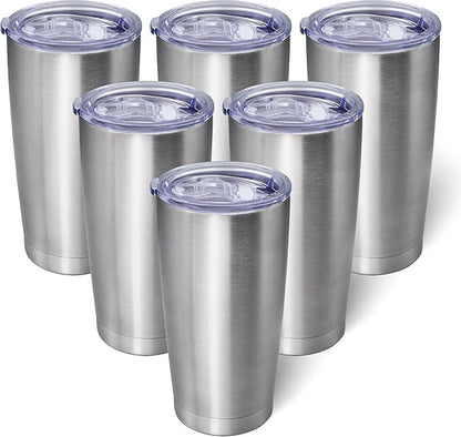 20oz Tumbler Bulk Stainless Steel Tumblers with Lid Vacuum Insulated Double Wall Travel Coffee Mug Powder Coated Tumbler Cup for Hot and Cold Drinks(Stainless Steel, 6 pack)