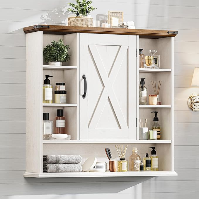 Bathroom Wall Cabinet, Farmhouse Medicine Cabinet with Adjustable Shelves and Barn Doors, Large Wall Mounted Over the Toilet Storage Cabinet for Bathroom, Laundry Room, Kitchen, Rustic White and Brown