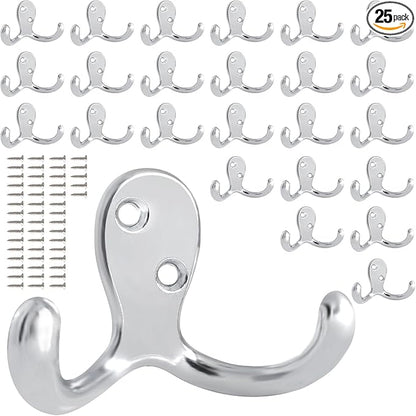 25 Pack Coat Hooks Wall Hooks for Hanging, Heavy Duty Double Prong Metal Hook Wall Mounted for Living Room, Bathroom, Kitchen, Bedroom for Coat, Bag, Scarf, Towel, Hat, Key, Cup (Silver)