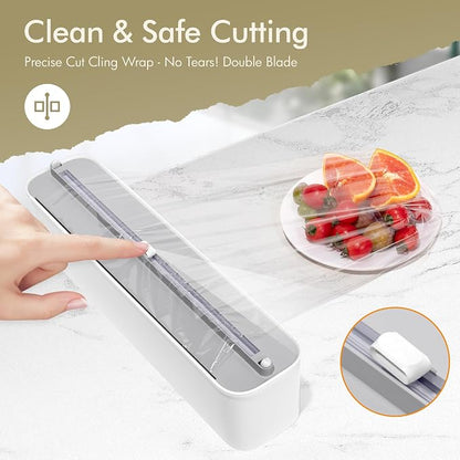 Aluminum Foil & Plastic Wrap Dispenser with Cutter - Magnetic & No-Drill Wall Mount, Cling Film Dispenser for Countertops & Cabinets, Space-Saving Kitchen Organizer - Fits 150 m Rolls, White