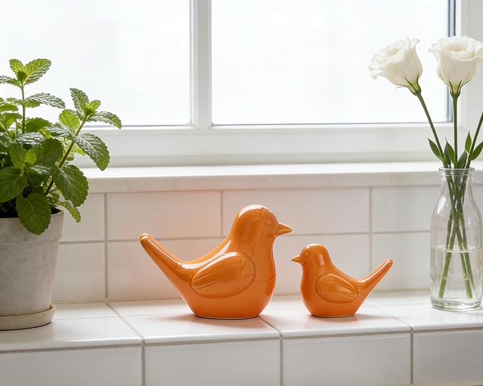 Artconal Small Orange Bird Statue Ceramic 2-Piece Set, 2¾ inch Cute Knick Knack for Home Office Shelf Desk Decor