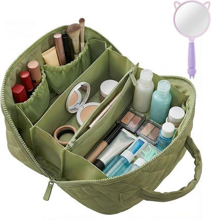 Illuminate Makeup Bag Organizer for Women Large Capacity Travel Toiletry Bag Wide Open Lay-Flat Cosmetic Bags Puffy Makeup Case with Compartments Waterproof Pouch for Toiletries & Brushes (Green)