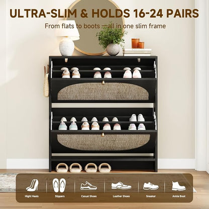 Nicetree Rattan Arched Accent Shoe Cabinet - Freestanding Ultra Slim for Entryway, 2 Flip Drawers & 3-Tier Adjustable Shelves, Farmhouse Modern Rustic Shoe Rack for Hallway Foyer Living Room, Black