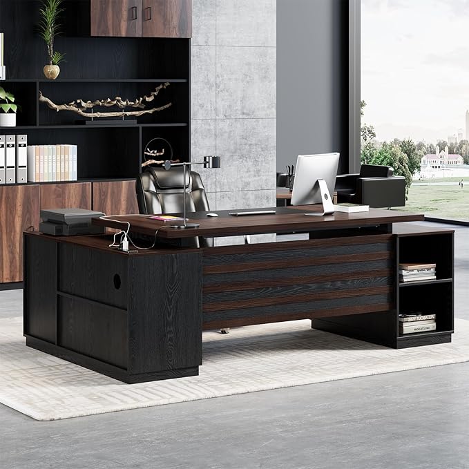 L Shape Executive Desk with Drawers and Storage Cabinet, Wooden Executive Office Desk for Home, Large Computer Table with Lateral File Cabinet for Studio, Dark Brown Black