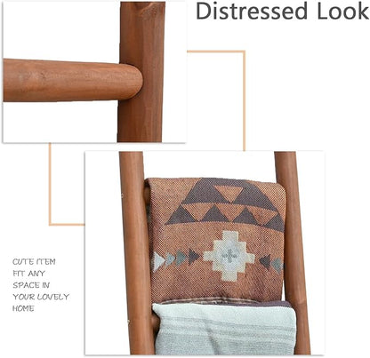 FUIN 57in Wood Blanket Ladder Living Room Decorative Wall Leaning Farmhouse Quilt Display Holder Rustic Wooden Towel Rack for Bathroom, Dark Brown