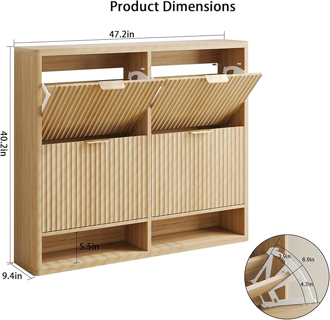 Shoe Storage Cabinet for Entryway with 4 Flip Drawers, 47.2" Large Modern Freestanding Shoe Organizer with Fluted Doors & Hidden Shoe Rack - Slim Enclosed Shoe Rack for Hallway (Oak)