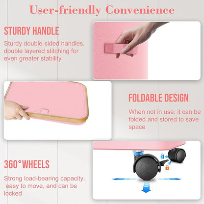 Laundry Hamper with Wheels,20 Gal (75L) Laundry Basket with lid Rolling Clothes Hamper Foldable Dirty Clothes Basket on wheels with Bamboo Frame and Bag for Bedroom, Dorm, Laundry Room-Pink