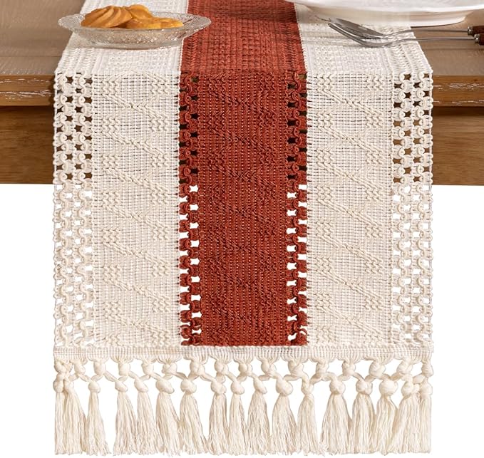 Socomi Boho Table Runner Valentine's Day Farmhouse Rustic Dining Kitchen Small Macrame Woven Cotton Linen Coffee Table Runner for Dresser Scarf Home Decor 12x48 inch Terracotta Ivory