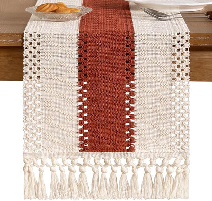 Socomi Boho Table Runner Macrame Valentine's Day Farmhouse Woven Cotton Linen Rustic Table Runner with Tassels for Dresser Scarf Home Decor Dining Room 12x90 inch Terracotta Ivory