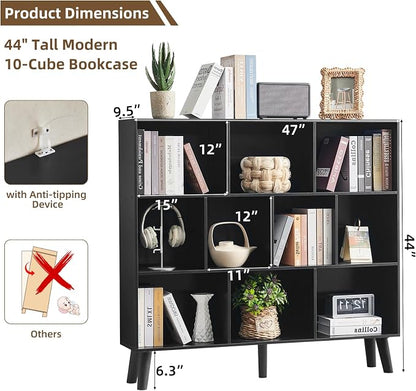 LEYAOYAO 10 Cube Bookshelf,3 Tier Modern Wide Bookcase with Legs,Mid-Century Wood Bookshelves Storage，Black Large Book Case,Freestanding Organizer Display Shelf for Bedroom,Living Room,Office